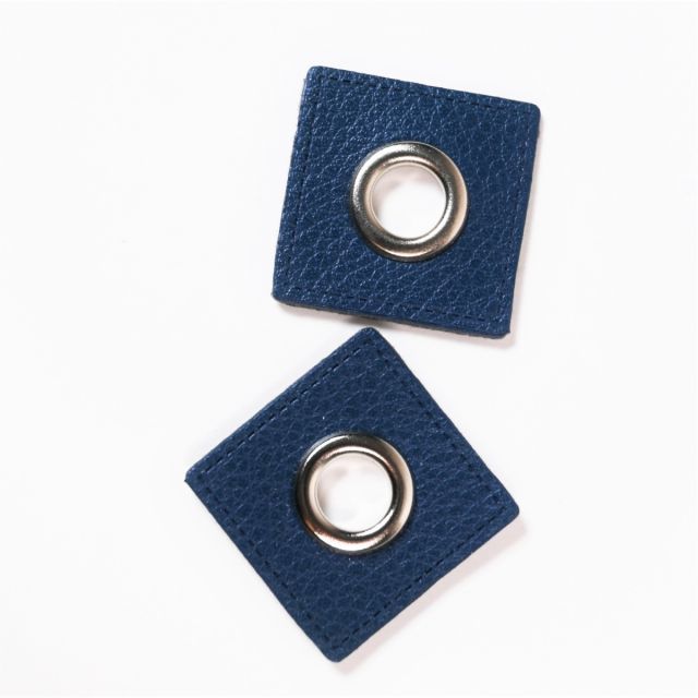 Eyelet Patches - Navy Faux Leather Squares - Silver (Set of 2)