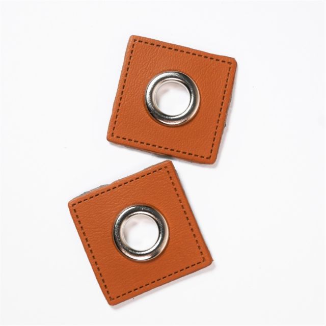 Eyelet Patches - Brown Faux Leather Squares - Silver (Set of 2)