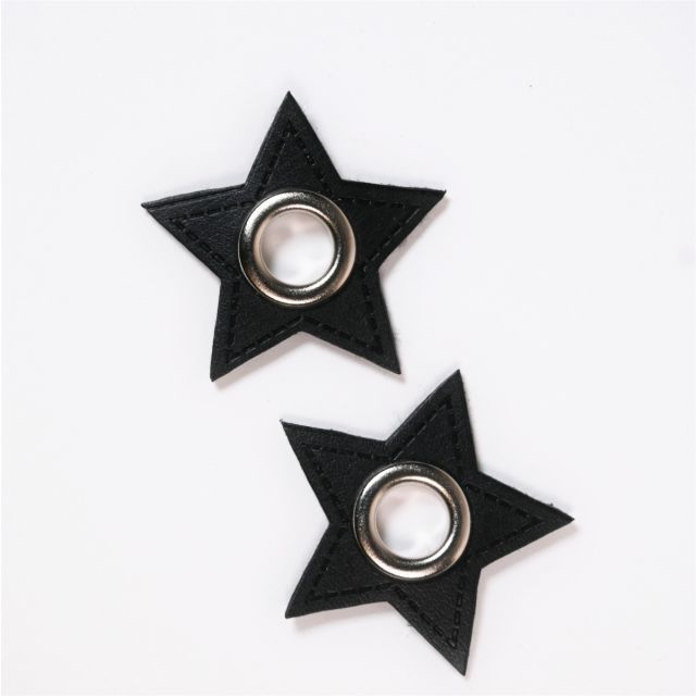 Eyelet Patches - Black Faux Leather Stars - Silver (Set of 2)