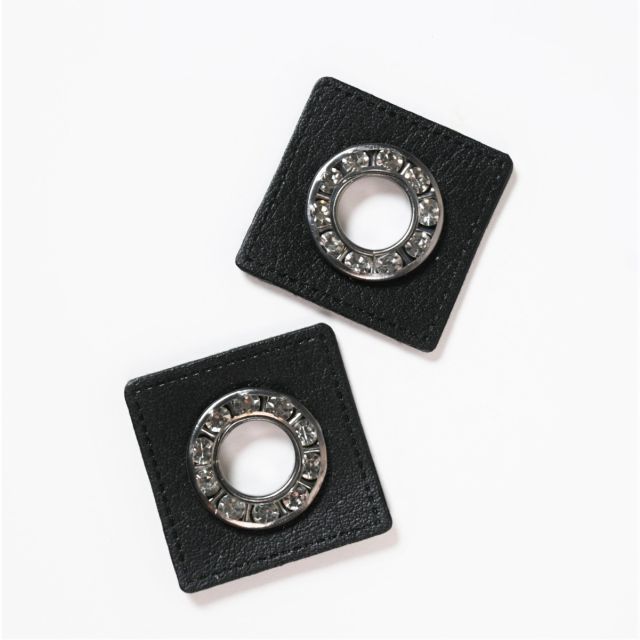 Eyelet Patches - Black Faux Leather with Crystals - Gunmetal (Set of 2)