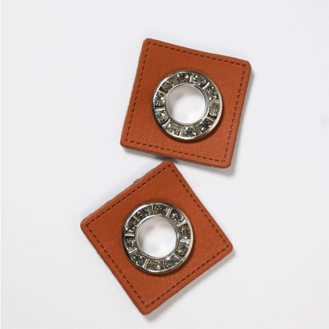 Eyelet Patches - Brown Faux Leather with Crystals -Silver (Set of 2)