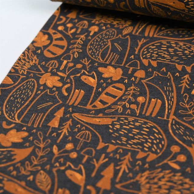 Woodland Animals - Jersey - Dark Grey Melange with Caramel Print
