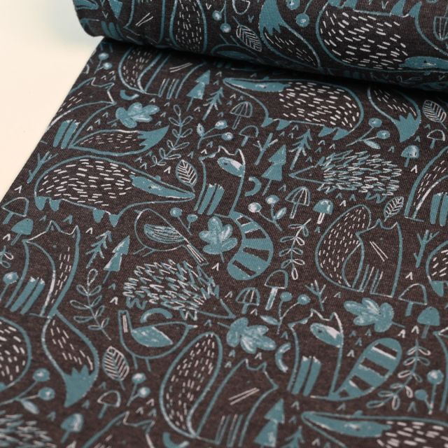 Woodland Animals - Jersey - Dark Blue Melange with Blue Print