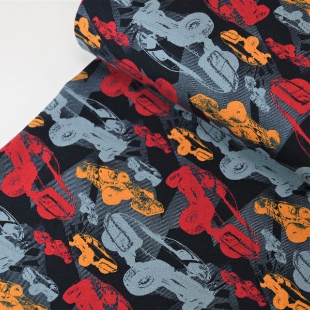French Terry - Fast Cars - Blue/Red/Ochre