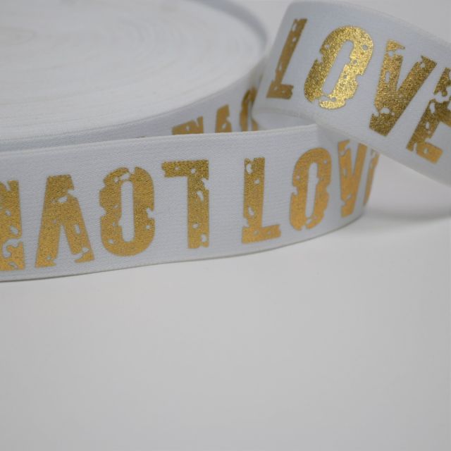 "Soft Touch" Elastic 40mm - LOVE  White with Gold Letters