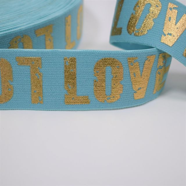 "Soft Touch" Elastic 40mm - LOVE  Mint with Gold Letters