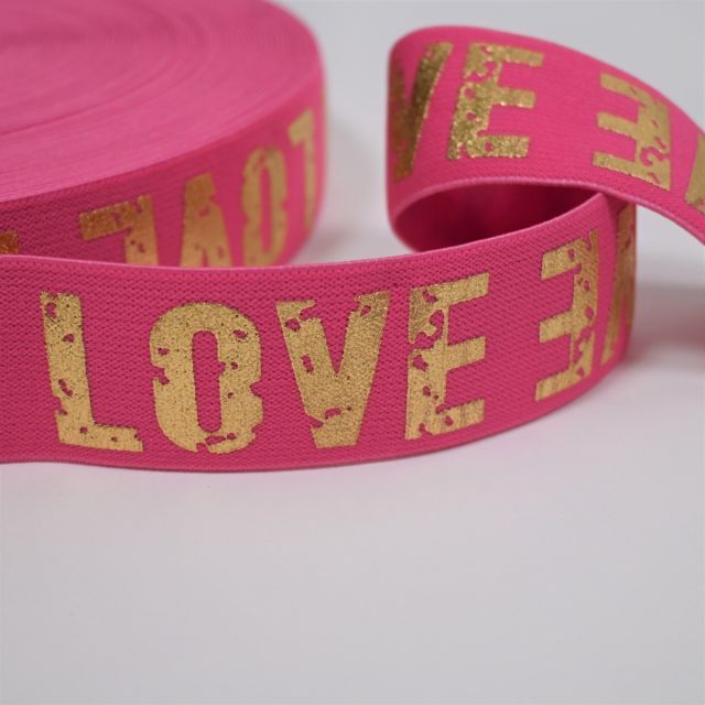 "Soft Touch" Elastic 40mm - LOVE  Hot Pink with Gold Letters