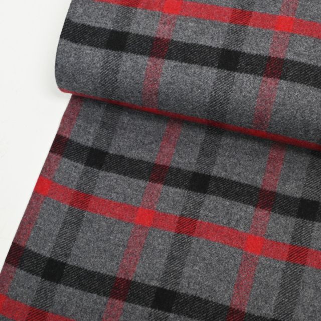 Italian Felted Wool Coating "Arianna" - Plaid - Red/Grey