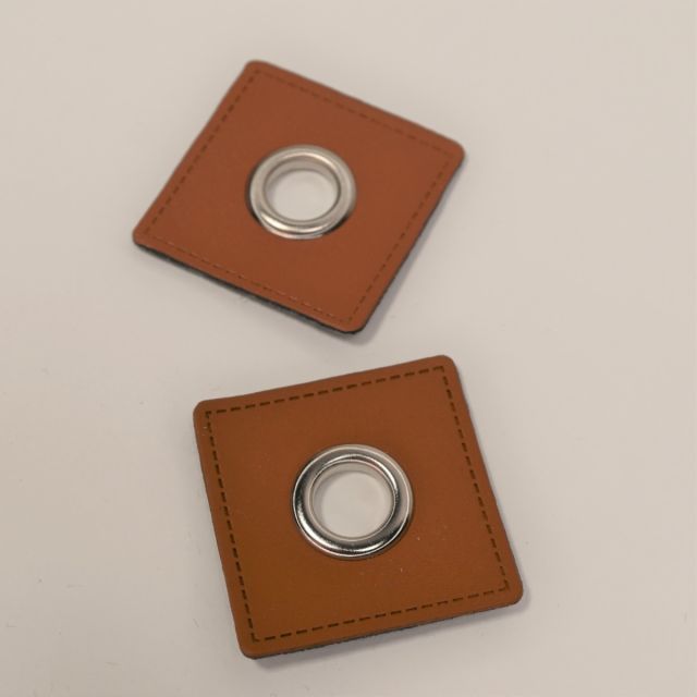  XL Eyelet Patches - Brown Faux Leather Square - Silver (Set of 2)