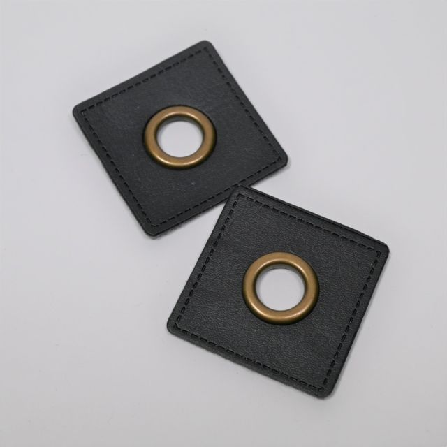  XL Eyelet Patches - Black Faux Leather Square - Brass (Set of 2)