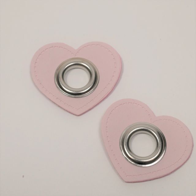  XL Eyelet Patches - Pink Faux Leather Hearts - Silver (Set of 2)