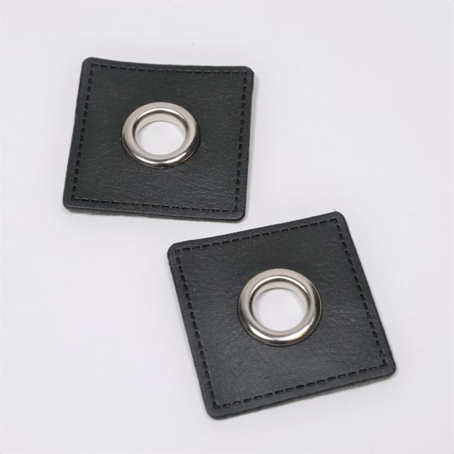  XL Eyelet Patches - Black Faux Leather Square - Silver (Set of 2)