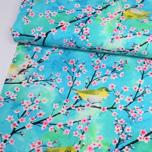 BOLT END 175cm - Organic Jersey Knit - Cherry Blossoms and Birds 2022 by Rebecca Reck