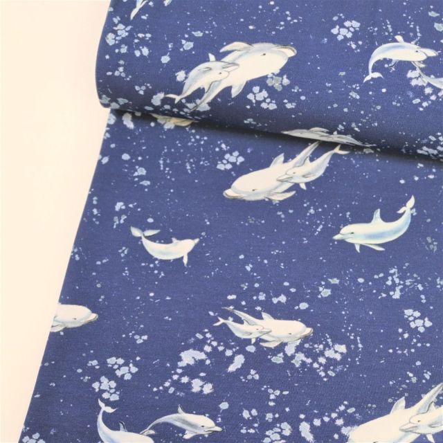 Dolphin Family - Jersey Knit - Denim Blue