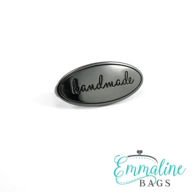 Oval Metal Bag Label -  "Handmade" - Gunmetal