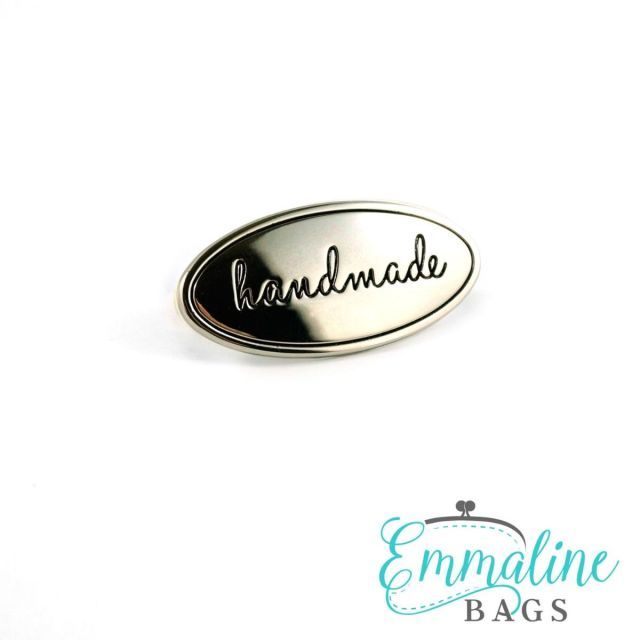 Oval Metal Bag Label -  "Handmade" - Nickel