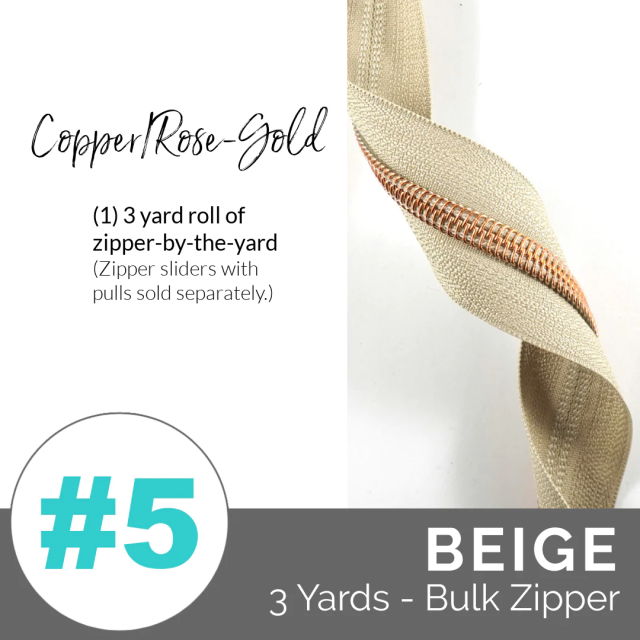 Emmaline Zippers (3 yard pack) - Size #5 - Beige Tape  / Copper Rose Gold Coil