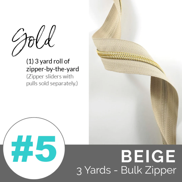 Emmaline Zippers (3 yard pack) - Size #5 - Beige Tape  / Light Gold Coil