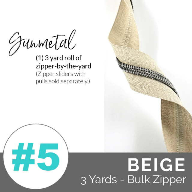 Emmaline Zippers (3 yard pack) - Size #5 - Beige Tape  / Gunmetal Coil