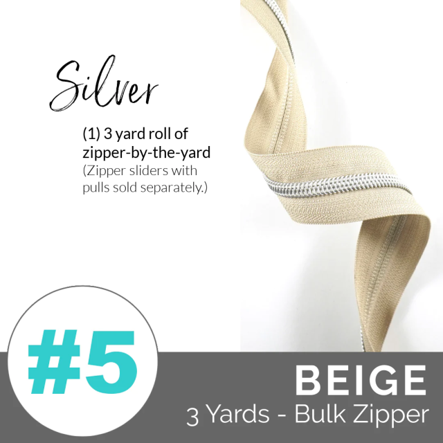Emmaline Zippers (3 yard pack) - Size #5 - Beige Tape  / Silver Coil