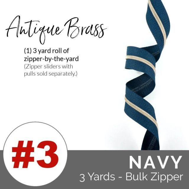 Emmaline Zippers (3 yard pack) - Size #3 - Navy Tape  / Antique Coil