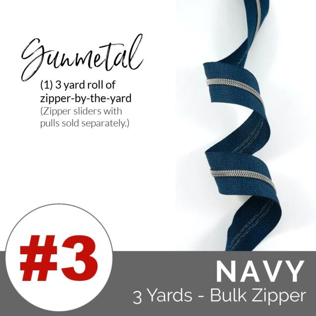 Emmaline Zippers (3 yard pack) - Size #3 - Navy Tape  / Gunmetal Coil