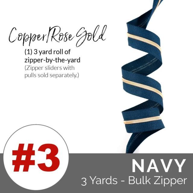 Emmaline Zippers (3 yard pack) - Size #3 - Navy Tape  / Rose Gold Coil