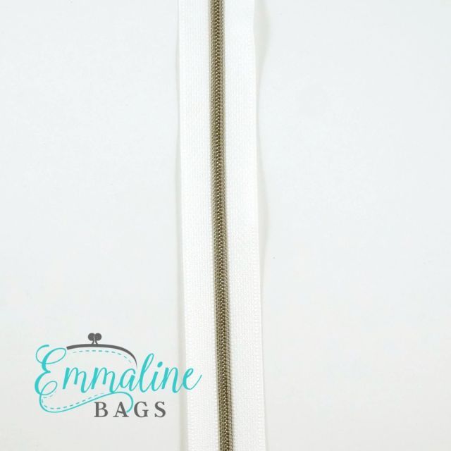 Emmaline Zippers (3 yard pack) - Size #3 - White Tape  / Antique Brass Coil