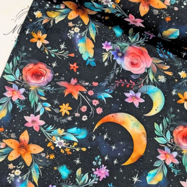 BOLT END - 100 CM - Jersey Knit - Night Flowers and Crescent Moon