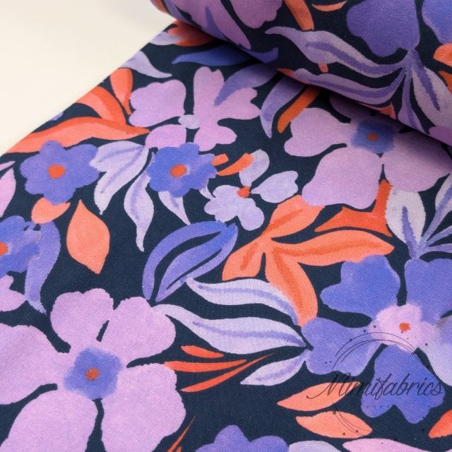 Flowers and Leaves in Purple and Terracotta - Brushed French Terry Fabric