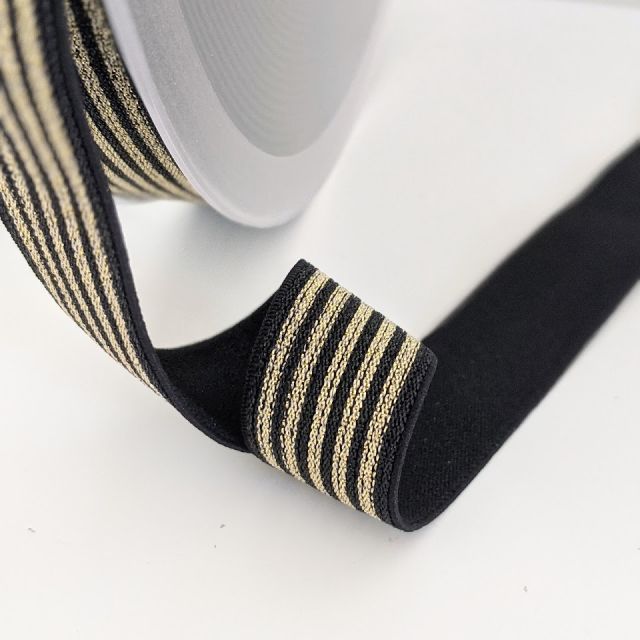 "Soft Touch" Elastic 25mm - Black with Gold Glitter Stripes