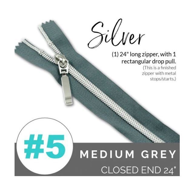 EMMALINE 24" LONG - *SIZE#5* (WITH A RECTANGLE DROP PULL) - Medium Grey / Silver coil