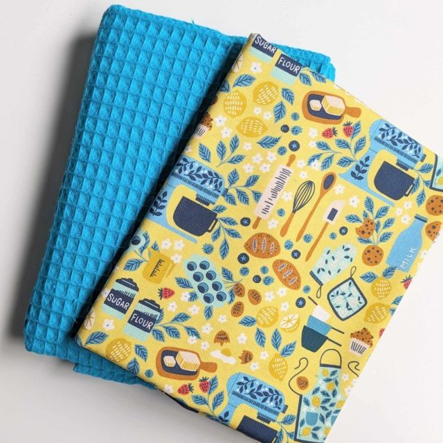 Oven Towel Bundle - "Baking Frenzie" in Yellow Cotton / Aqua Blue Waffle