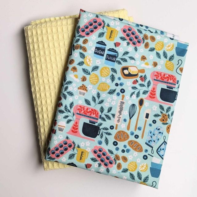 Oven Towel Bundle - "Baking Frenzie" in Blue Cotton / Yellow Waffle