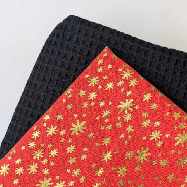 Oven Towel Bundle - Starry Night Red Metallic Cotton / Black Waffle Cotton