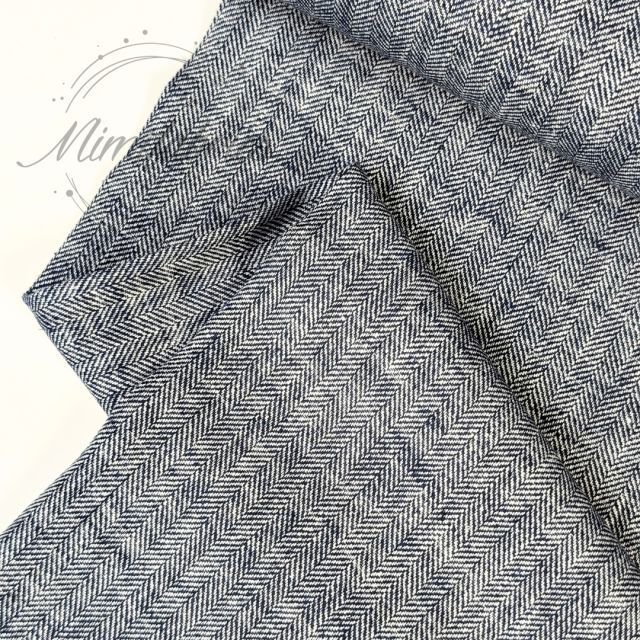 Herringbone Linen Cotton Blend Fabric - Navy Blue