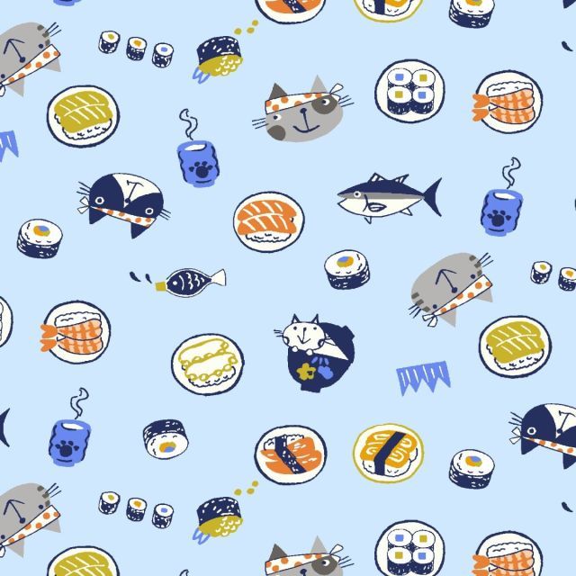 100% Cotton - Neko No Yume by Hitomi Osumi for Cotton + Steel - Sushi on Blue  per 1/2m