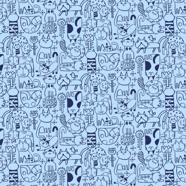 100% Cotton - Neko No Yume by Hitomi Osumi for Cotton + Steel - Cats on Blue  per 1/2m