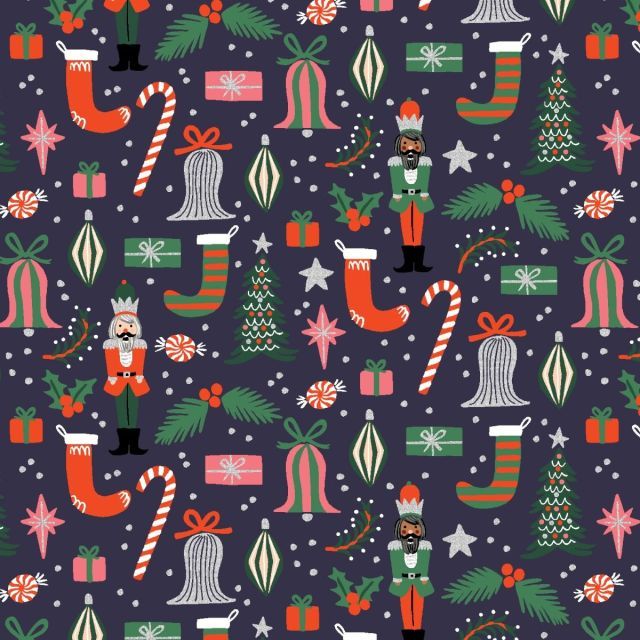100% Cotton - Holiday Classics - Deck The Halls on Navy Metallic - Rifle Paper for Cotton + Steel per 1/2m