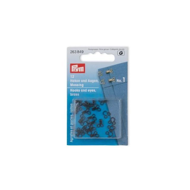 PRYM - Hooks And Eyes, Brass, Black-Coloured, No.1 small - 12 Pieces