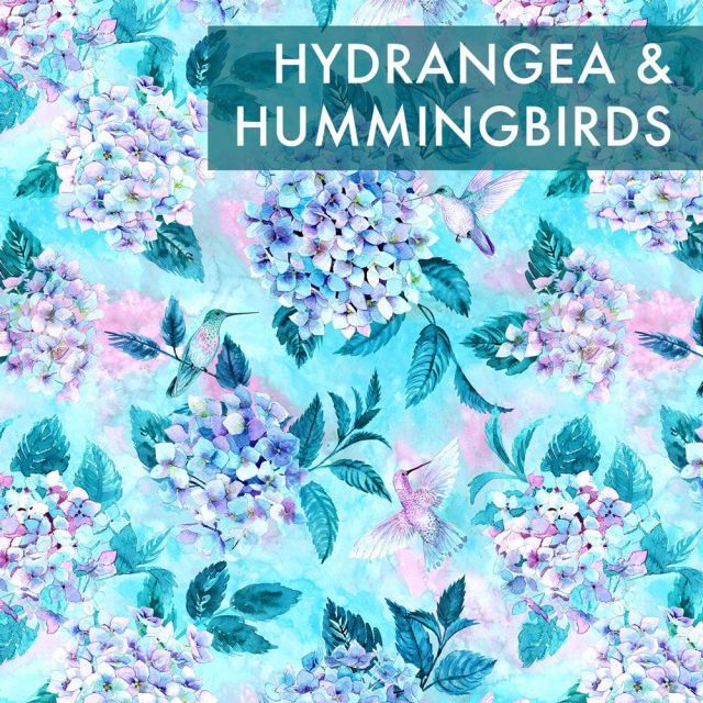 Cotton Woven - Hydrangea & Hummingbirds  By Rebecca Reck