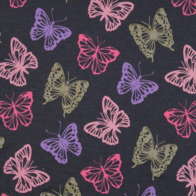 Glitter Butterflies - Jersey Knit Fabric - Blue Melange