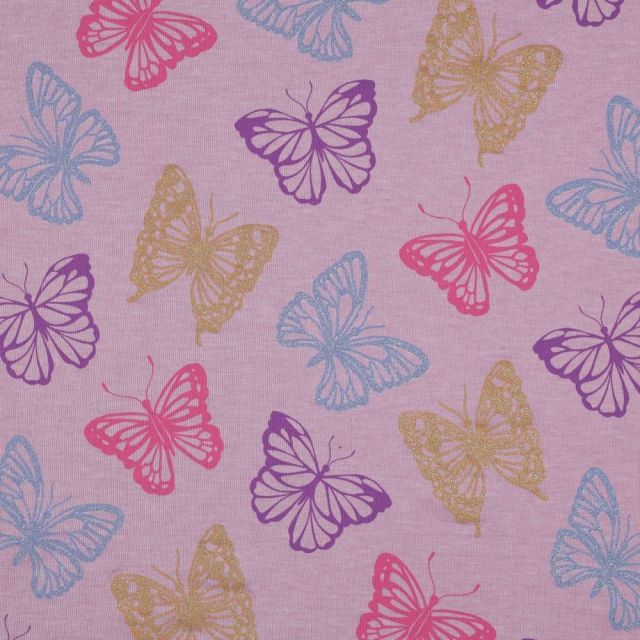 Glitter Butterflies - Jersey Knit Fabric - Purple Melange