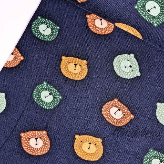 BOLT END - 165 CM - Jersey knit fabric with cute bear faces on dark blue - Made with Organic Cotton