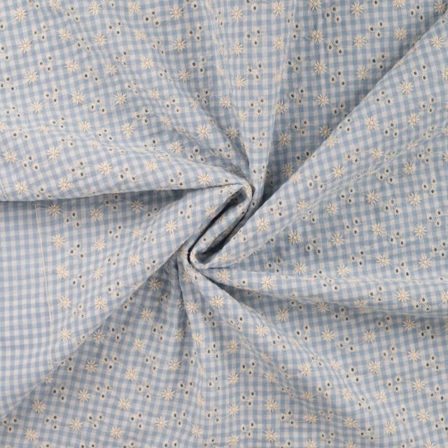 Embroidered Seersucker Cotton - Light Blue Gingham