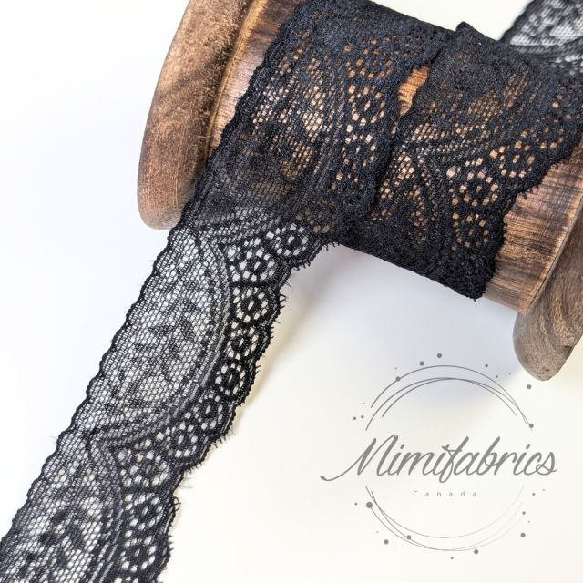 Elastic Lace Band 35mm wide - Floral Arches - Black Col. 14 (French Lace) (per 50cm)
