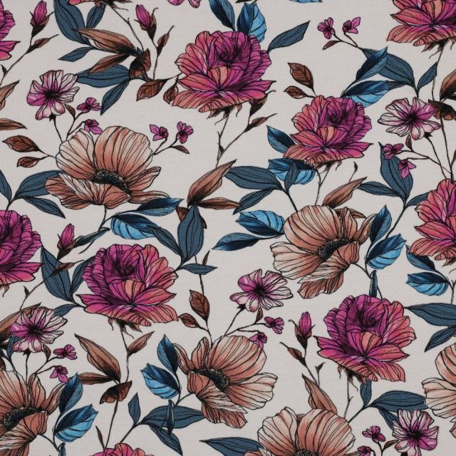 Large Watercolor Floral - Jersey Knit Fabric - Taupe