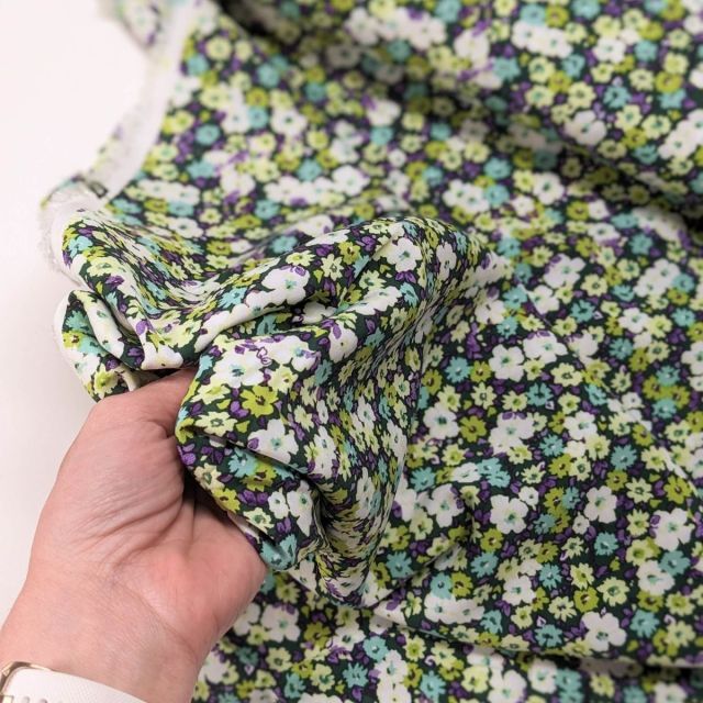 Viscose Challis "Laura" - Small Scale Flowers Green and Purple
