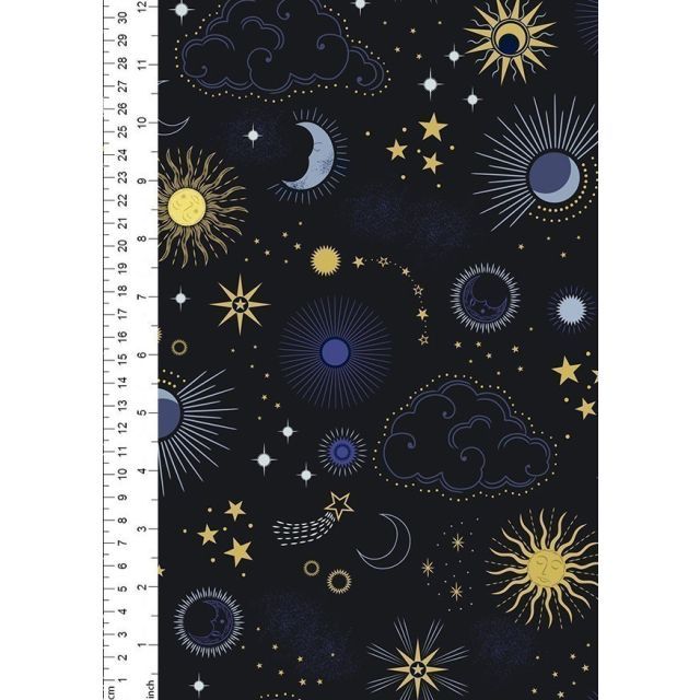 100% Cotton - Celestial skies on black with gold metallic per 1/2m