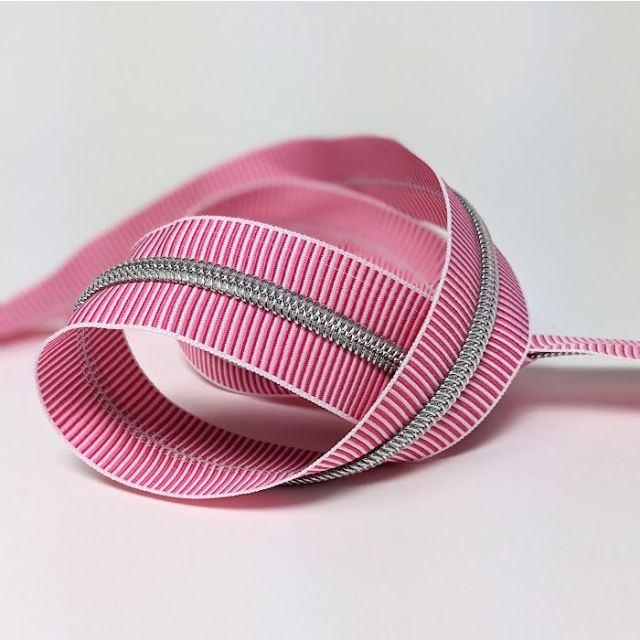 Mimitrim Zipper Nylon Coil Size #5 Pink/White Striped Tape with Silver Coil -  3 Meter Pack